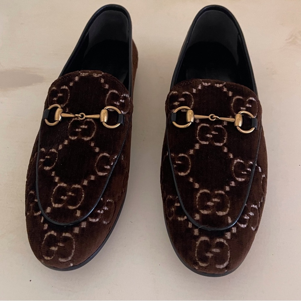 Gucci Jordaan GG Horsebit Logo Velvet Women Loafers Size 38